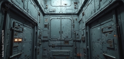Fototapeta Naklejka Na Ścianę i Meble -  Sci-fi wall texture. Grunge, industrial, metal wall, spaceship interior. Futuristic architecture, abstract design. Grey, black tones. Space station corridor, alien base interior, digital art render.