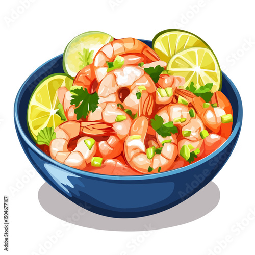 Ceviche De Camaron, cartoon vector illustration, flat 2D isometric style, white background.