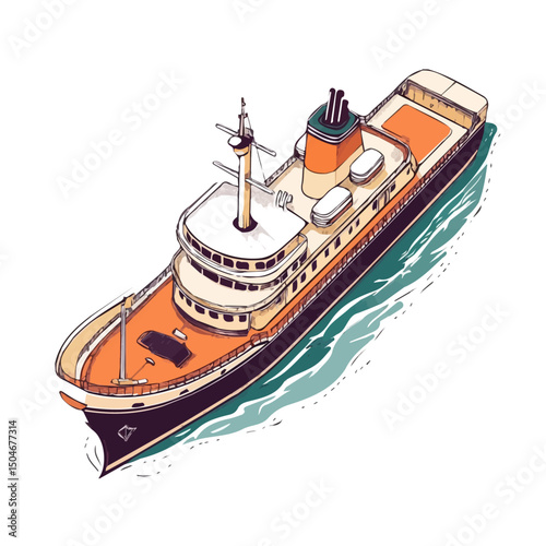 Cargo Ship, cartoon vector illustration, flat 2D isometric style, white background.