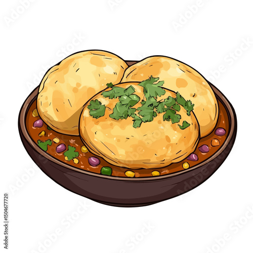 Chole Bhature, vector graphic, 2D flat isometric cartoon illustration on white background.
