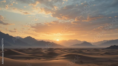Majestic Desert Landscape at Sundown: Golden Horizon Meets Rolling Sand Dunes photo