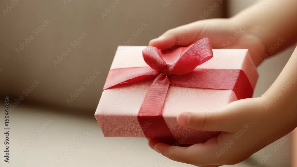A child's hands opening a beautifully wrapped birthday or holiday gift, featuring a classic red ribbon bow. A child's hands opening a beautifully wrapped birthday or holiday gift, featuring a classic red ribbon bow.