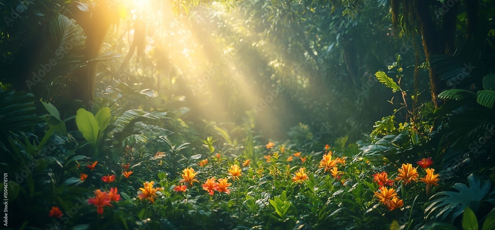 Sunlit tropical jungle with vibrant flowers and lush green vegetation Sunlit tropical jungle with vibrant flowers and lush green vegetation