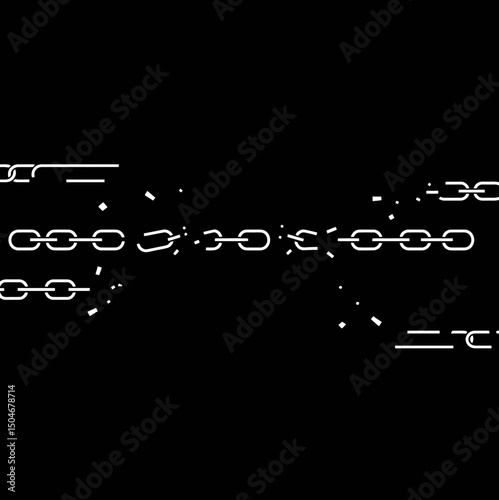 Broken chains in lines with shattered pieces, symbol of freedom, against black background. Juneteenth and end of slavery. Unstable security systems, leaking personal data. Stop of abuse