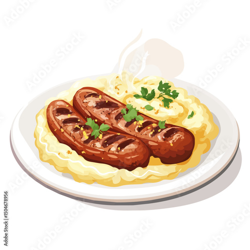 Bangers And Mash, cartoon vector illustration, flat 2D isometric style, white background.