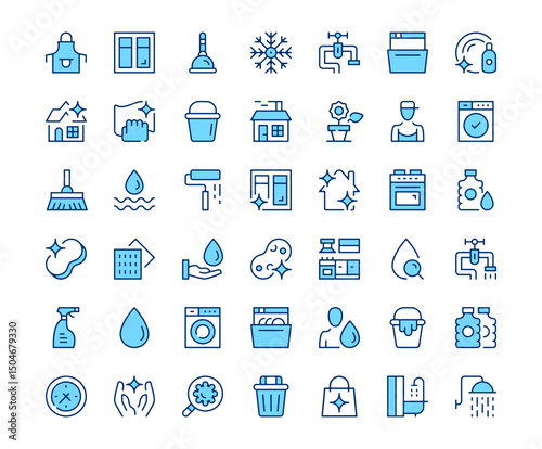 Cleaning icons. Vector line icon set. Modern outline design. Blue concept