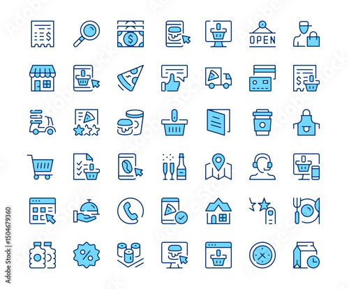 Food delivery icons. Vector line icon set. Modern outline design. Blue concept