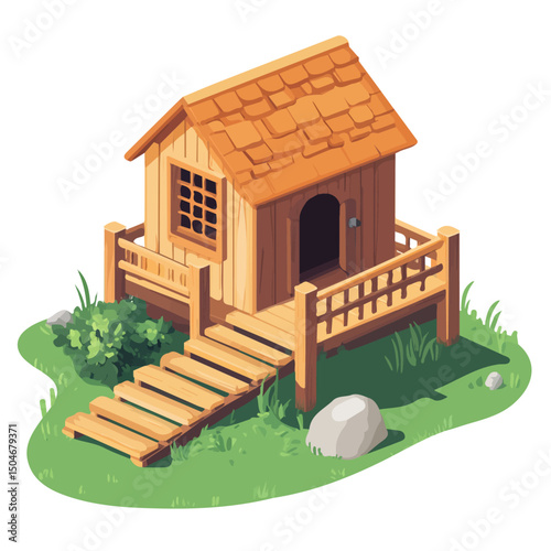 Chicken Coop, vector graphic, 2D flat isometric cartoon illustration on white background.
