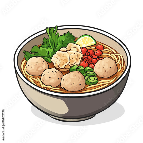 Bakso, cartoon vector illustration, flat 2D isometric style, white background.