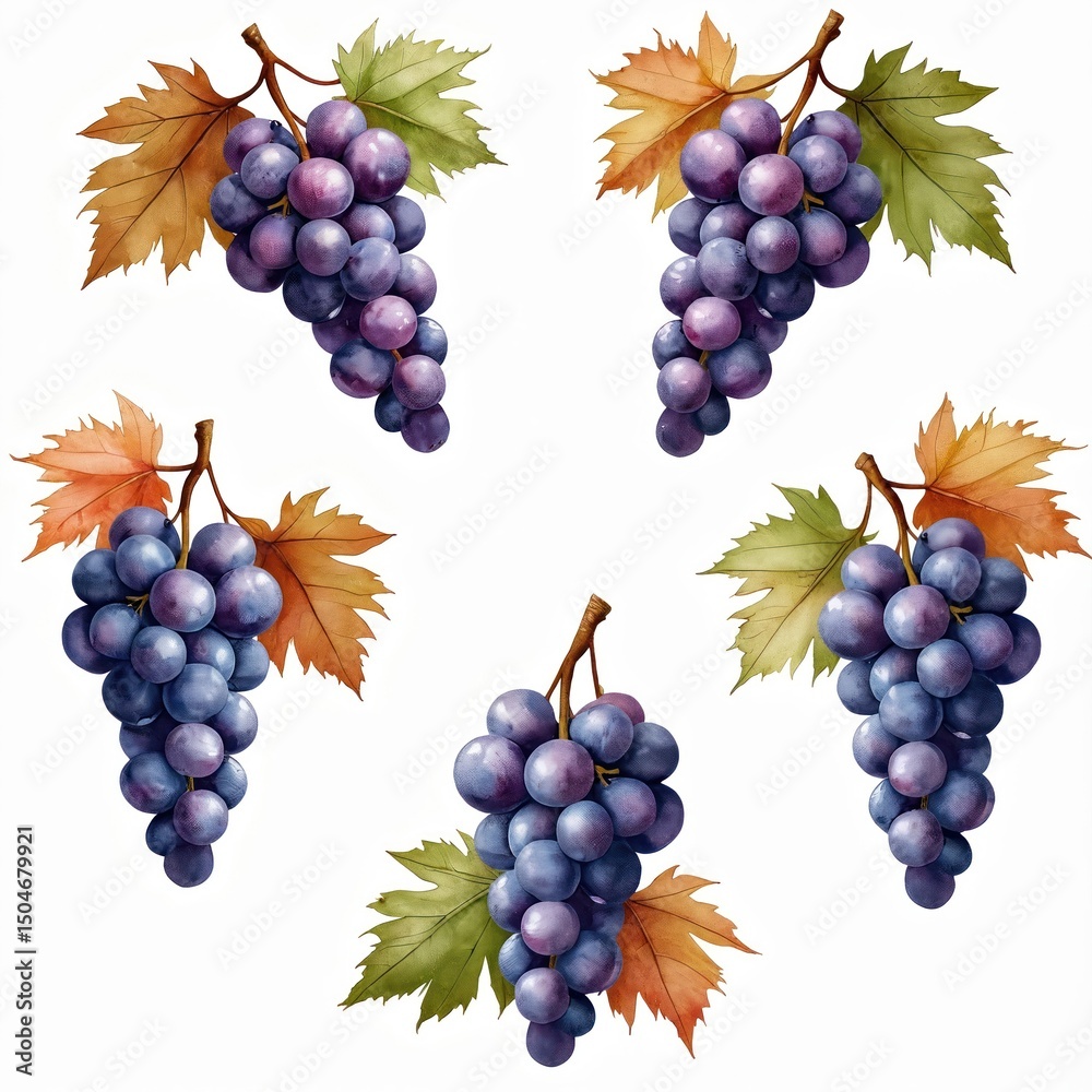 Obraz premium Watercolor illustration of grapes. Beautiful bunches of grapes with leaves and vines, perfect for invitations and stationary designs. Autumn harvest, organic natural food.