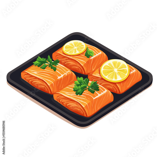 Baked Salmon, 2D isometric flat cartoon vector illustration isolated on white background.