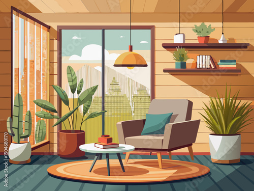 vector of Modern living room interior in neutral colors with an armchair by the window. Wooden wall panels and pots with dried plants.