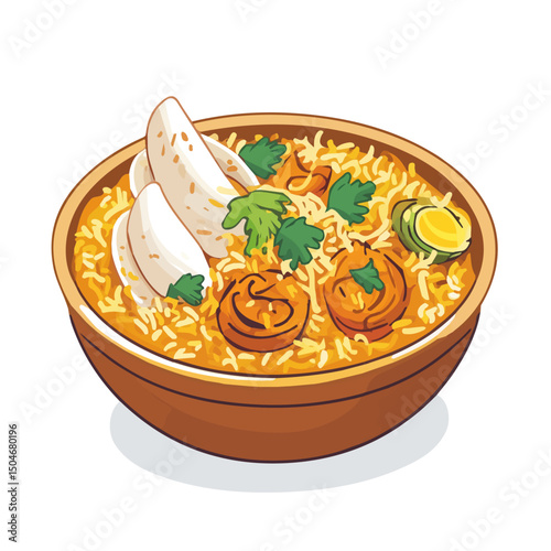 Biryani, flat 2D isometric cartoon vector image isolated on white background.