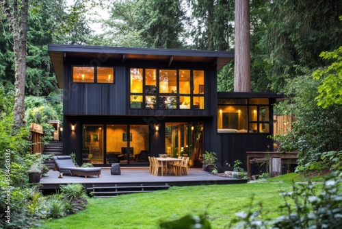 Modern black house surrounded by tall trees with a spacious deck and elegant outdoor dining area in a serene forest setting
