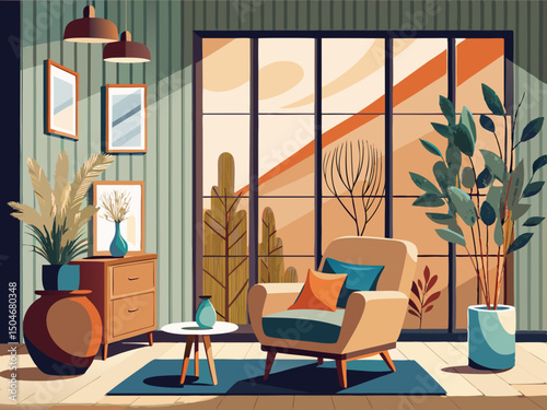 vector of Modern living room interior in neutral colors with an armchair by the window. Wooden wall panels and pots with dried plants.