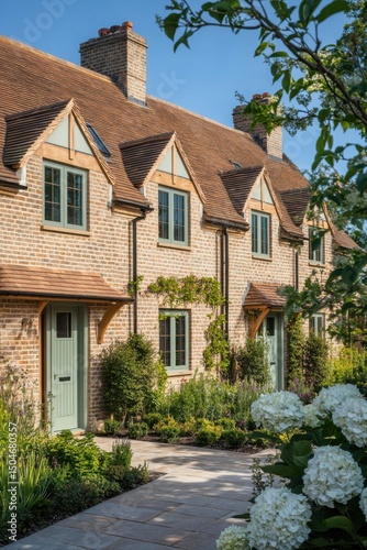 A picturesque row of charming traditional houses, each featuring inviting green doors, is nestled among vibrant landscaping beneath a brilliant blue sky