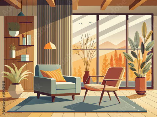 vector of Modern living room interior in neutral colors with an armchair by the window. Wooden wall panels and pots with dried plants.