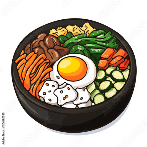 Bibimbap, flat 2D isometric cartoon vector image isolated on white background.