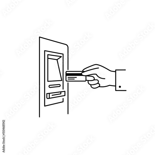 Hand inserting credit card into ATM for transaction, vector illustration. Purchasing and cash out concept. Withdrawal of paycheck or salary