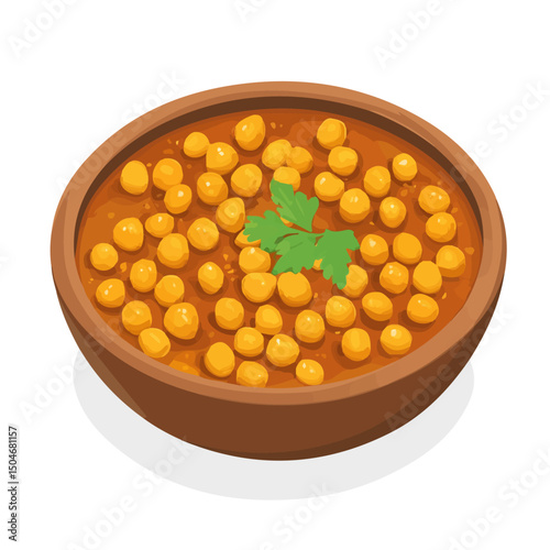 Chana Masala, cartoon vector illustration, flat 2D isometric style, white background.
