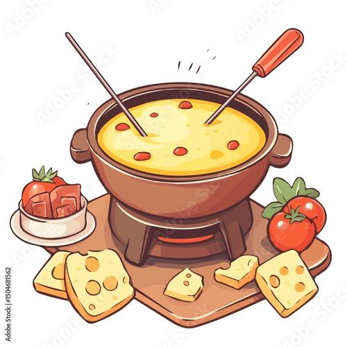 Cheese Fondue, vector graphic, 2D flat isometric cartoon illustration on white background.
