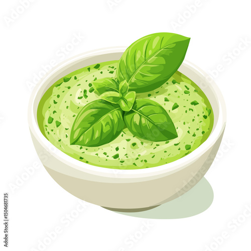 Basil Pesto, 2D isometric flat cartoon vector illustration isolated on white background.