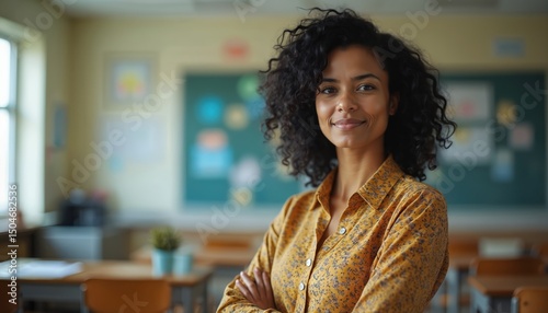 Portrait of smiling substitute teacher in classroom background. Young woman stands with crossed arms. Happy educator poses in front of blurred chalkboard. Education, school, lesson, learning concept.