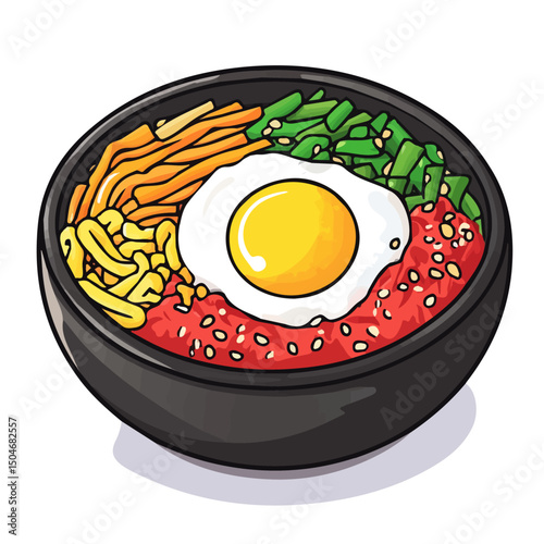 Bibimbap, 2D isometric flat cartoon vector illustration isolated on white background.
