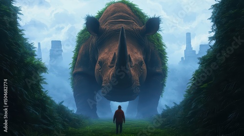 Enormous Rhino Surrounded by Dense Foliage and Ruins in a Mystical Landscape with a Sole Figure Gazing Up