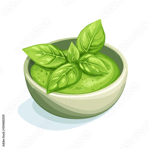 Basil Pesto, flat 2D isometric cartoon vector image isolated on white background.