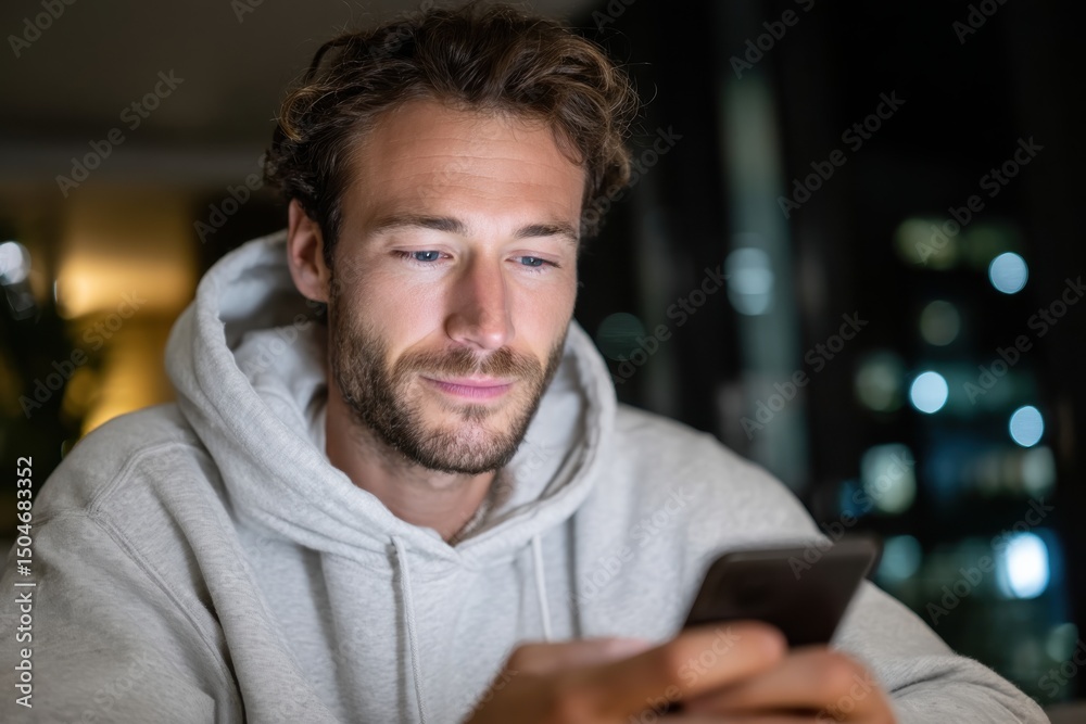 Fototapeta premium A man focuses on his smartphone in a stylish urban apartment, showcasing the integration of technology into everyday living and modern lifestyle.
