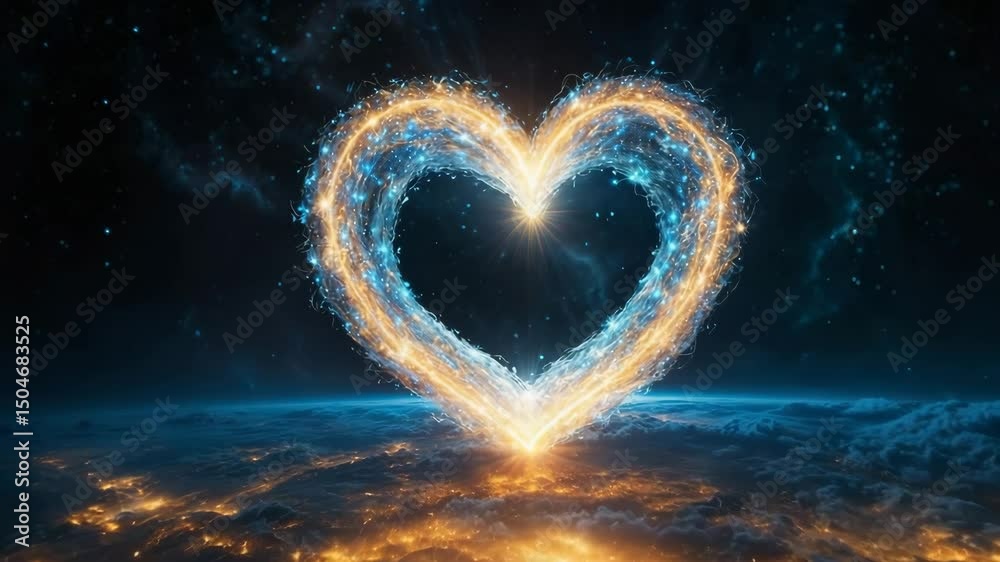 A heart made of stars shining over the horizon of planet Earth, fantasy background, love and saint valentine concept