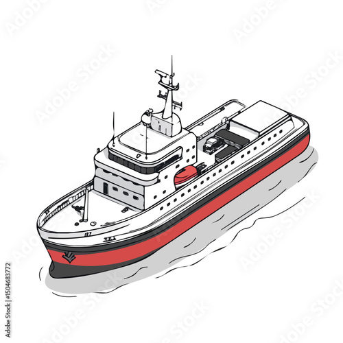 Cargo Ship, vector graphic, 2D flat isometric cartoon illustration on white background.
