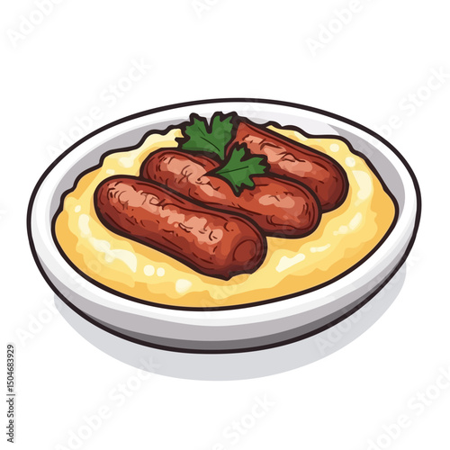 Bangers And Mash, flat 2D isometric cartoon vector image isolated on white background.