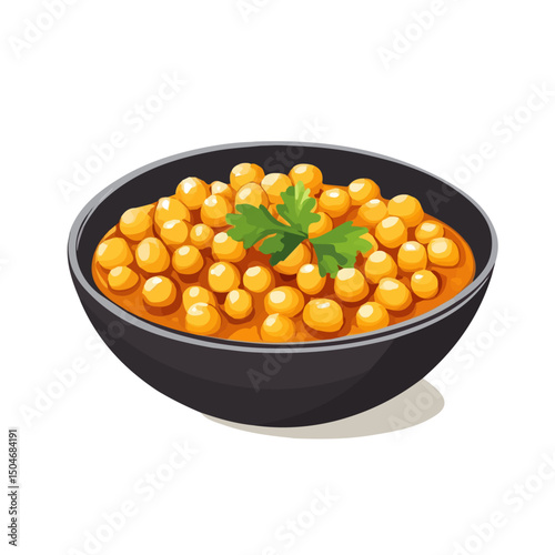 Chana Masala, cartoon vector illustration, flat 2D isometric style, white background.