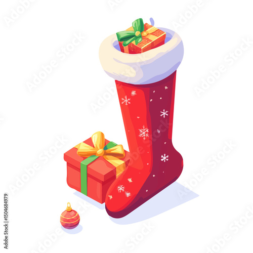 Christmas Stocking With Gifts, 2D isometric flat cartoon vector illustration isolated on white background.