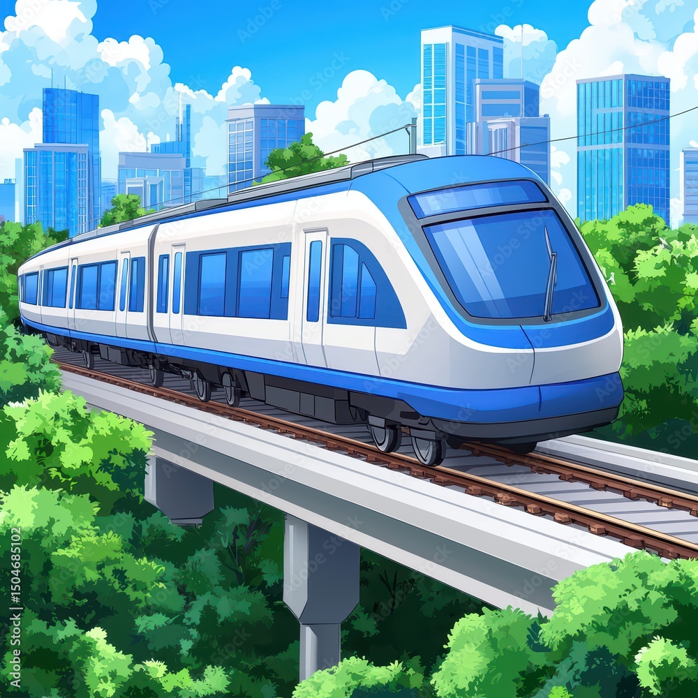 Fototapeta premium Modern Blue Train Traveling on Elevated Tracks Surrounded by Urban Landscapes with Skyscrapers and Greenery