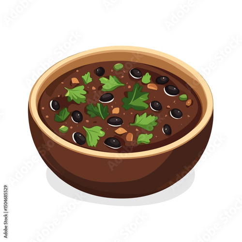Black Bean Soup, cartoon vector illustration, flat 2D isometric style, white background.
