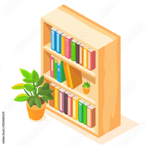 Bookshelf, cartoon vector illustration, flat 2D isometric style, white background.