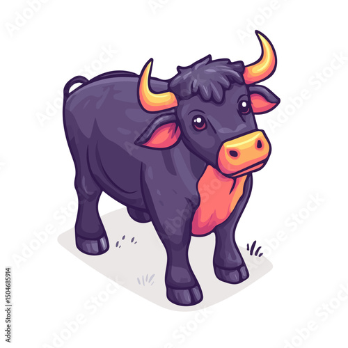 Bull, flat 2D isometric cartoon vector image isolated on white background.