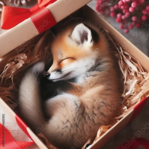 Sleeping Fox Cub in a Christmas Gift Box – Cozy Holiday Scene