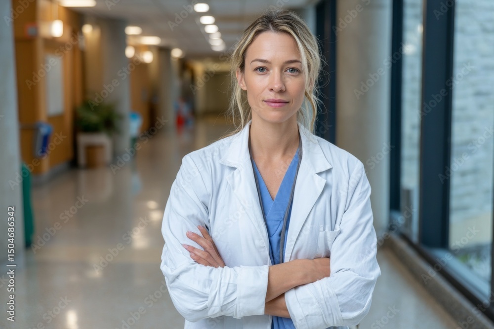 Caucasian female adult doctor in hospital corridor wearing white coat