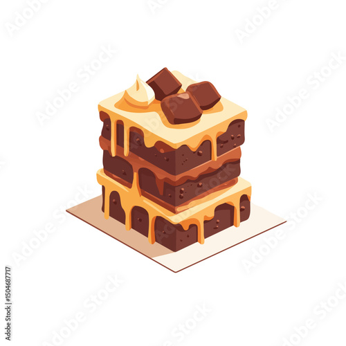 Chocolate Cake, flat 2D isometric cartoon vector image isolated on white background.