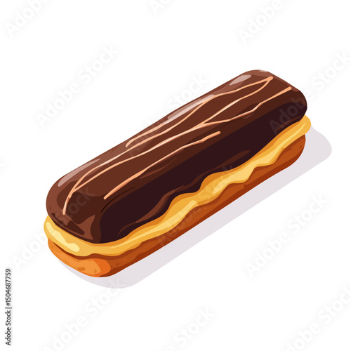 Chocolate Eclair, cartoon vector illustration, flat 2D isometric style, white background.