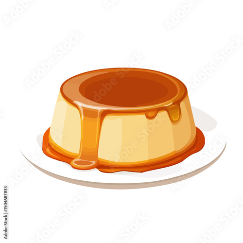 Caramel Flan, cartoon vector illustration, flat 2D isometric style, white background.