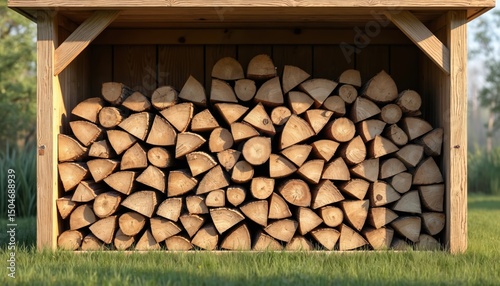 Neatly stacked firewood logs inside wooden shelter. Firewood storage, fuel supply, woodpile resource, timbering for winter warmth, energy concept. Construction, rustic, countryside environment.