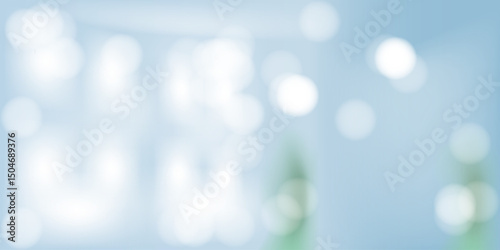 Defocused shot of interior of blue wall room with bokeh lights from window. Blurred image of modern office with circular bokeh lights from light. Abstract pattern background concept.