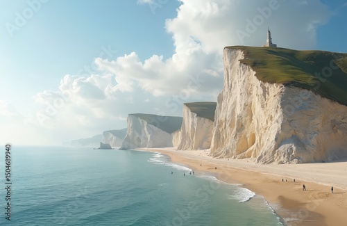 Scenic seascape opal coast Cap Blanc Nez, France. Chalk cliffs, Monument on Cape white Nose. Sandy beach, blue water. Summer vacation, travel, holiday, tourist spot.