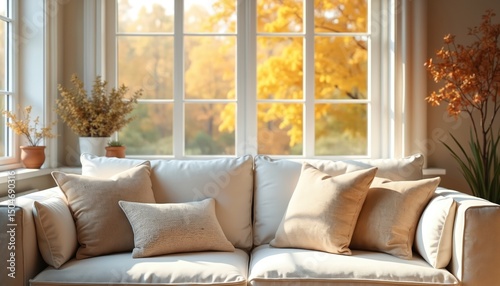 Fototapeta Naklejka Na Ścianę i Meble -  Cozy living room with a soft sofa. Big windows with yellow autumn view. Natural light, minimalistic design, creates a calm, relaxing, modern, bright inviting ambience.