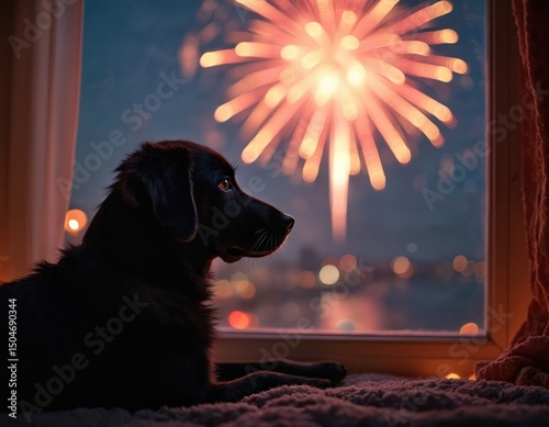 Dog watches fireworks from window. Domestic pet interested in bright night sky explosions. Celebratory event inside home. Animal curious, enjoying holiday show. photo
